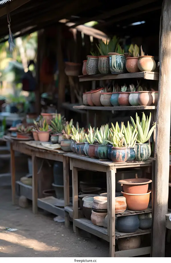 Pottery Plants on Rustic Wooden Shelves at an Outdoor Market