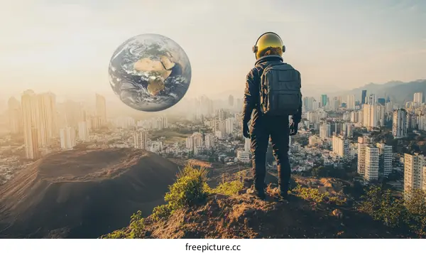 Astronaut Contemplating Earth Over a Cityscape