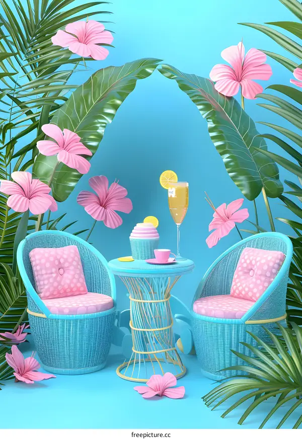 Tropical Summer Patio with Wicker Chairs and Flowers