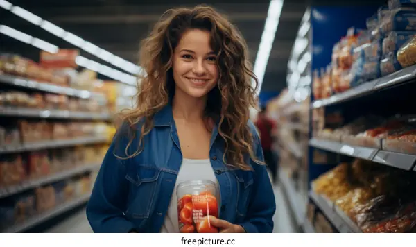 Portrait of a happy young woman with curly hair shopping in a supermarket