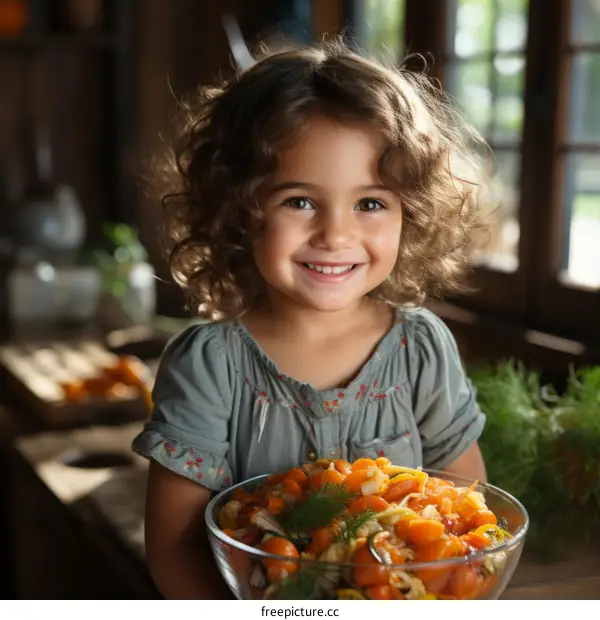 Little girl holding a bowl of salad