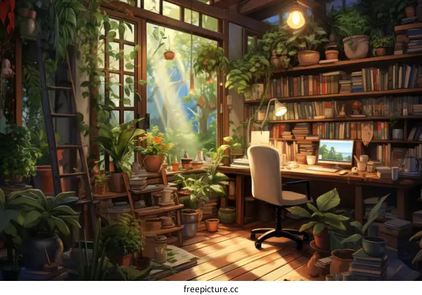 Cozy home office with lots of plants and books