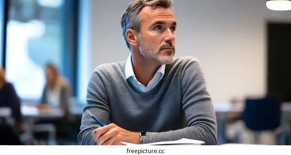 Man in Grey Sweater Thinking in a Meeting