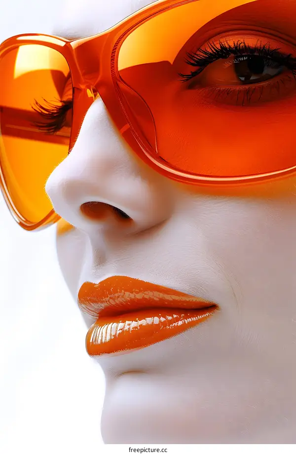 Close up portrait of a young woman wearing orange sunglasses and orange lipstick