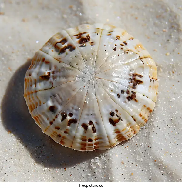 A close-up image of a white and brown sand dollar on sand
