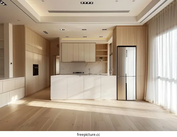 Open-Concept Kitchen with Island, Cabinets, and Countertops