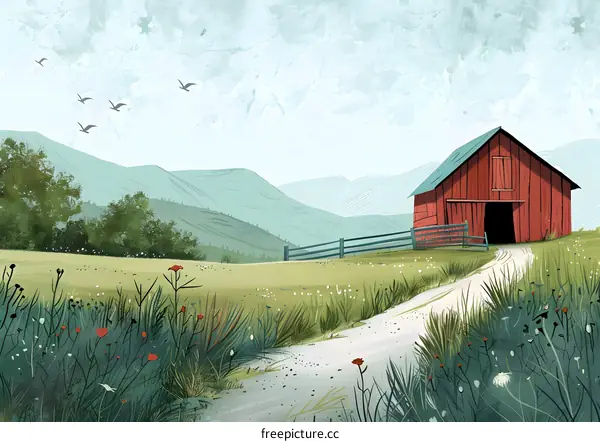 Red Barn in the Countryside Illustration