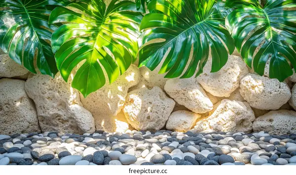 Tropical Stone Wall with Lush Plants