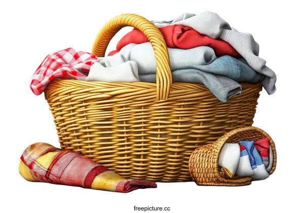 [Transparent Background PNG]Laundry Basket with Clothes and Picnic Blanket