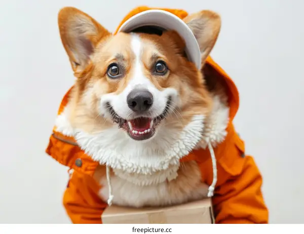 Corgi dog wearing an orange jacket and a white cap
