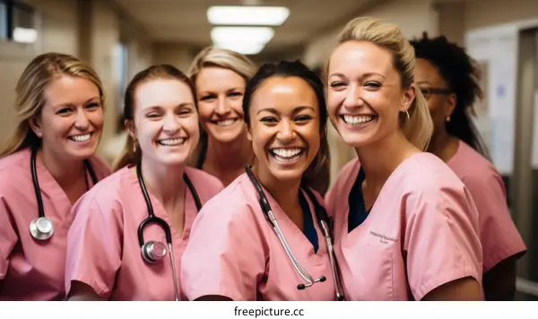 Group of diverse female nurses smiling and posing for a photo in a hospital hallway