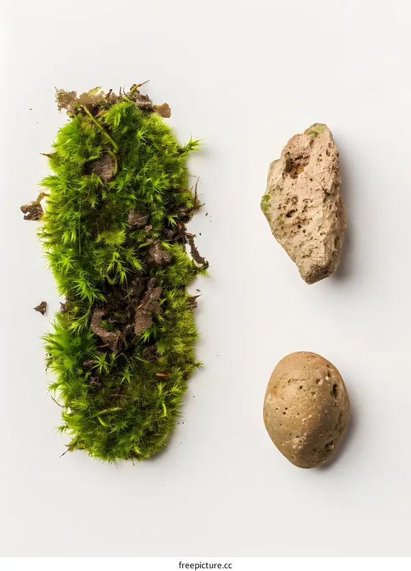 Green Moss and Two Stones on White Background