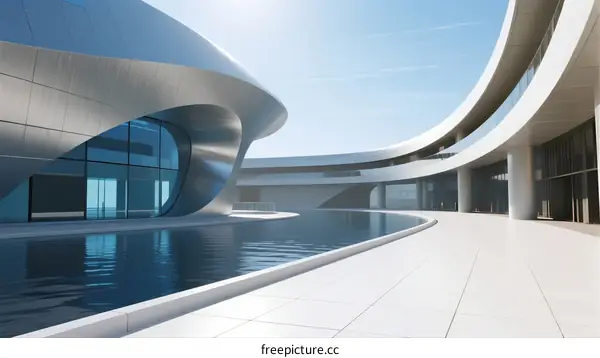 Modern Architectural Design with Curved Lines and Reflective Water