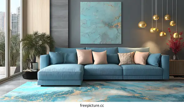 Modern Living Room Interior Design with Teal Sofa and Rug