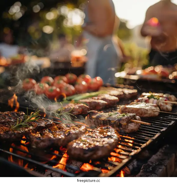 Outdoor barbecue grill with various types of meat and vegetables
