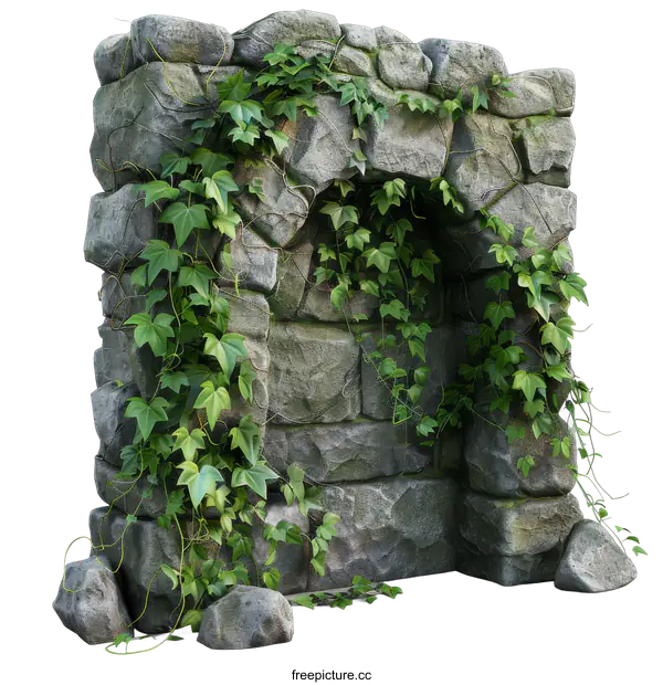 [Transparent Background PNG]Stone archway overgrown with ivy on black background