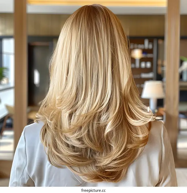 back view of a woman with long blond layered hair