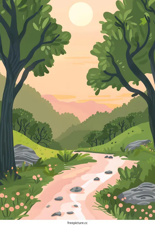 Forest Path With Stream And Mountains