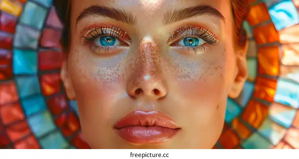 Close-up portrait of a young woman with blue eyes and freckles