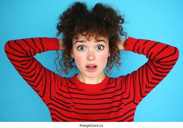 Surprised Young Woman Portrait Against a Blue Background