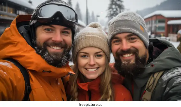 Three friends on a snowy mountain