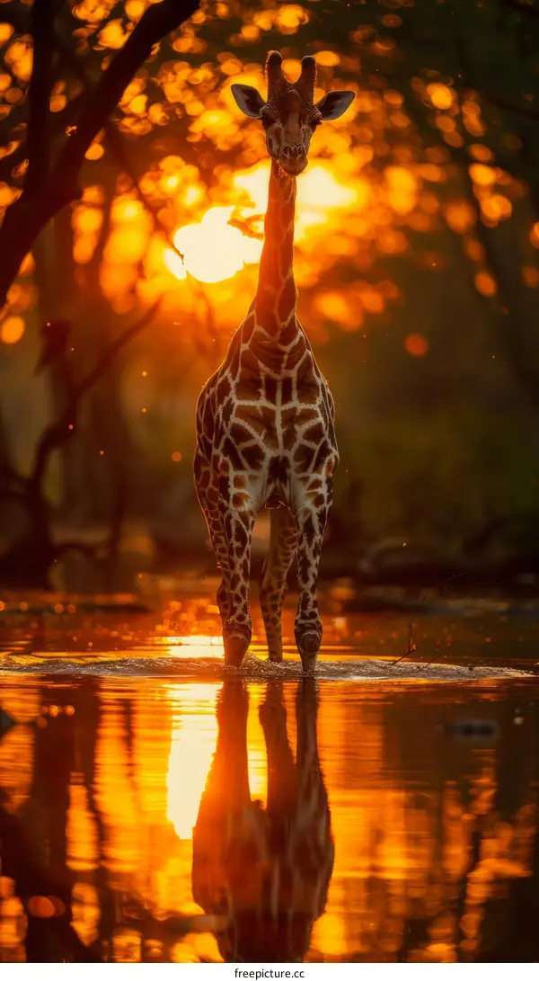 Giraffes Crossing a River at Sunset in Africa