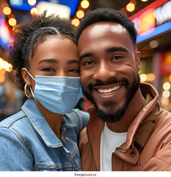 Smiling Couple Wearing Face Masks Outside