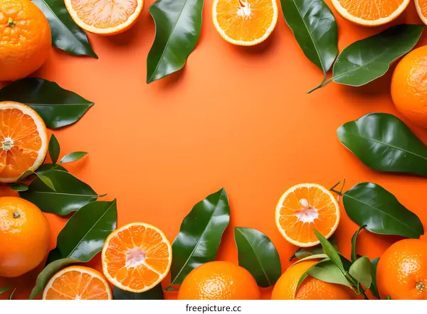 Orange Fruit and Green Leaves Flat Lay on Orange Background