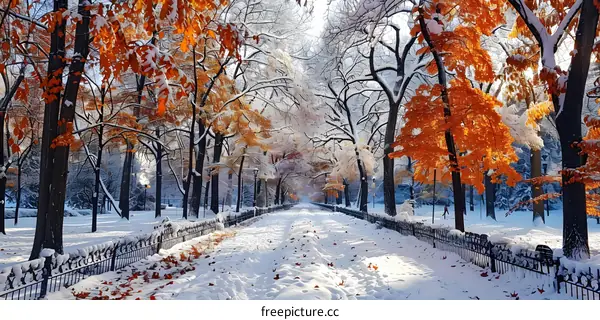 The path in the middle of the park is covered with thick snow