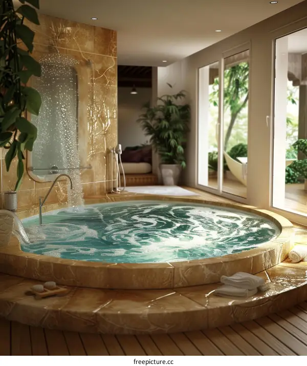 The round bathtub is placed in the bathroom