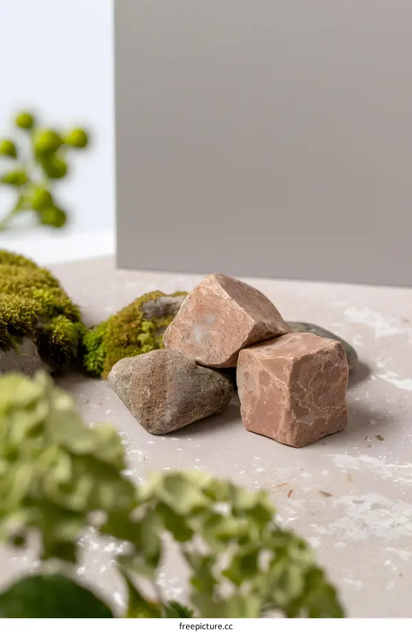 Closeup of Stones on a Neutral Background with Greenery