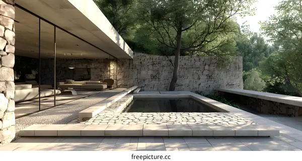 Modern Minimalist House Design with Stone Walls and Pool