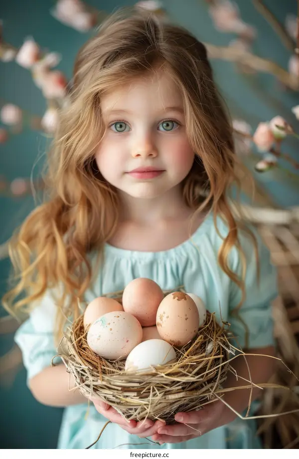 Little girl holding a nest with eggs