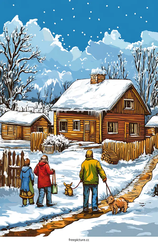 Winter Scene with Family and Dogs Walking in Snowy Landscape