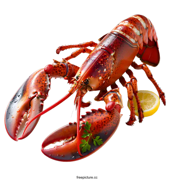 [Transparent Background PNG]Whole cooked lobster with lemon wedge