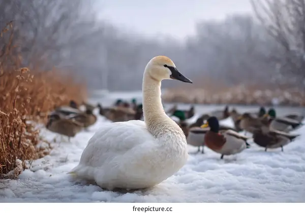 Winter Scene with Swans and Ducks