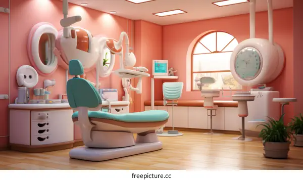 A dentist's office with a pink theme and white and blue accents