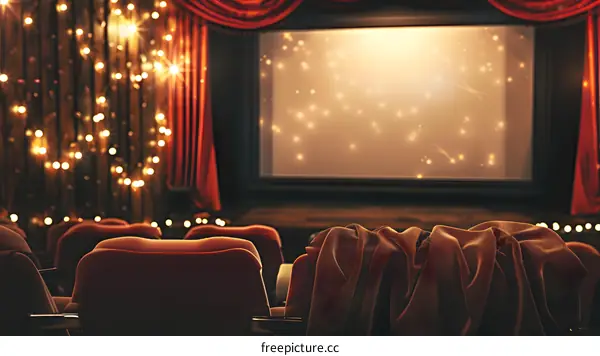 Empty Cinema Seats with Red Curtain and Projector Screen