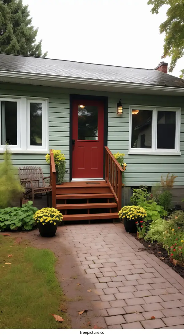 Small Green House with Red Door and Brick Walkway