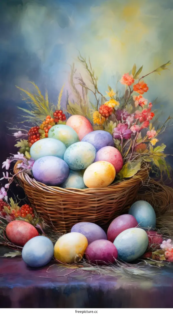 Basket of Easter eggs with spring flowers