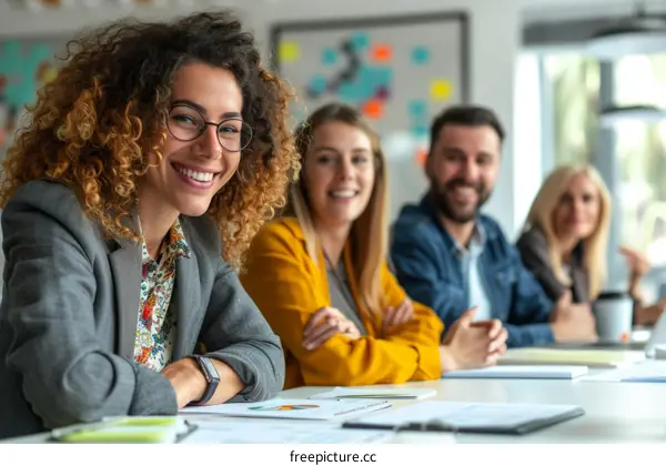 A group of four business professionals sitting at a conference table and smiling at the camera