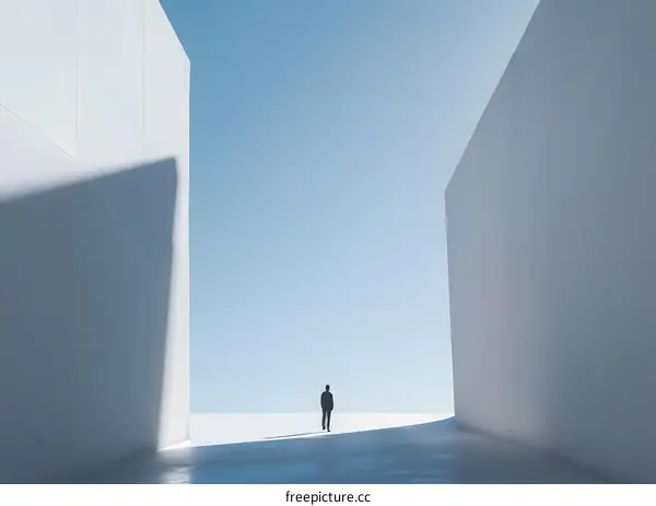 Minimalist Architecture with Man Walking Towards the Light