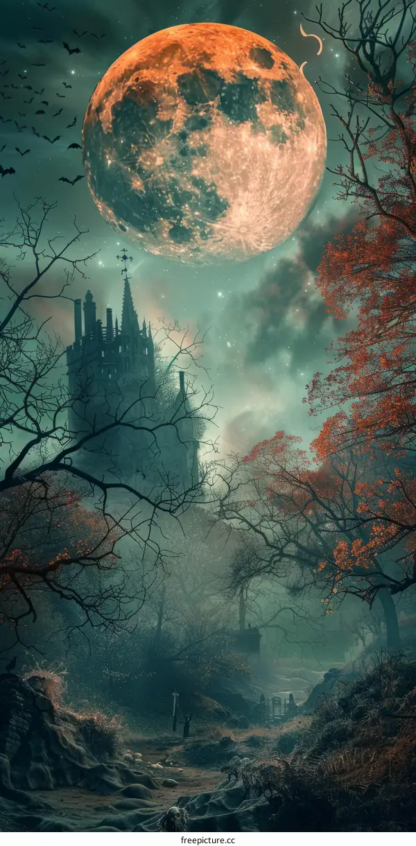 The full moon rises over a spooky castle