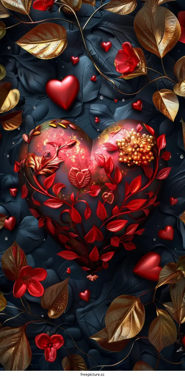3D Rendered Heart of Flowers and Leaves