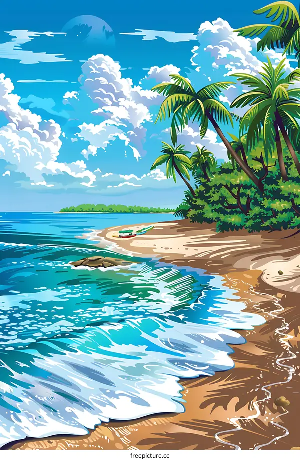 Tropical Beach Scene with Palm Trees and Blue Water