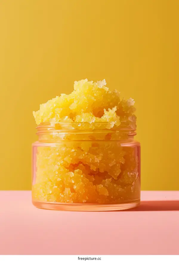 Yellow Body Scrub in Jar on Pink and Yellow Background