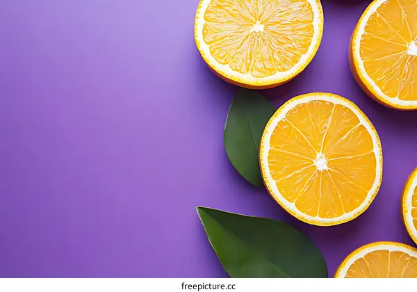 Orange Slices and Leaves on Purple Background