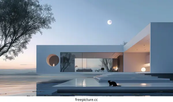 Black Cat by Infinity Pool Overlooking Moonlit Lake