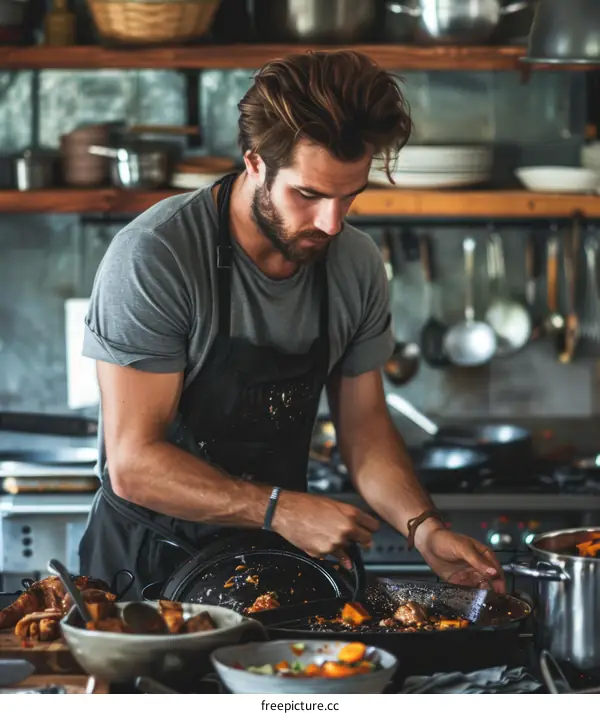 Young male chef is cooking in the kitchen