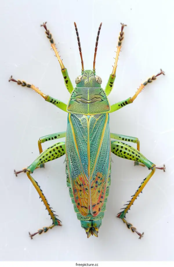 A green and blue katydid on a white background